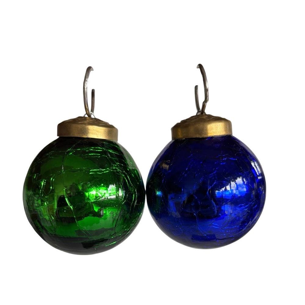 2 Kugel style crackle glass ornaments. 2”, 2” plus with tops.  GOOD COND!